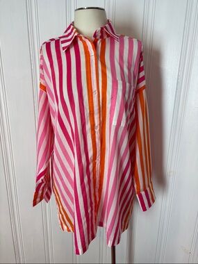 New BEACH RIOT Oversized Pink Orange Striped Cotton Button-Up Shirt - size L/XL